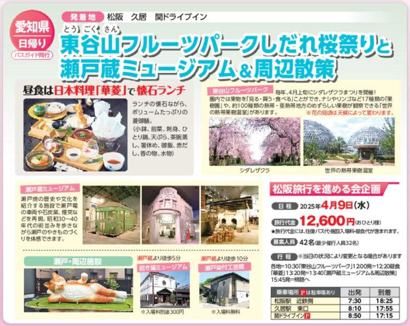 【コープみえのバス旅行】東谷山フルーツパークしだれ桜祭りと瀬戸蔵ミュージアム＆周辺散策